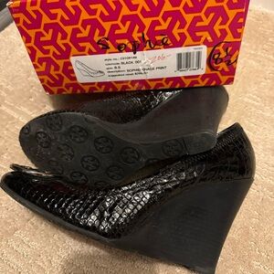 Tory Burch Black Snake Print Wedges